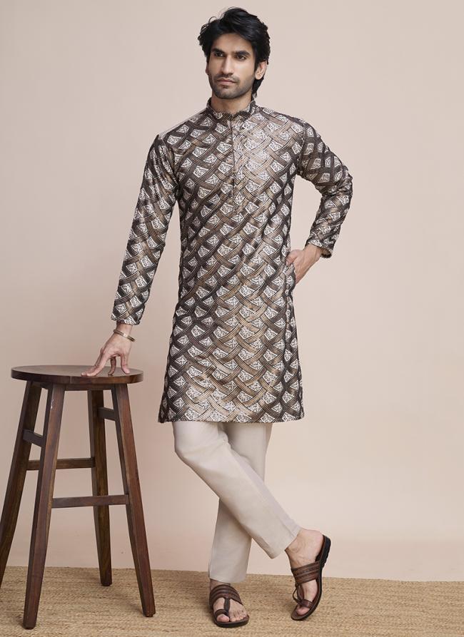 Silk Beige Party Wear Sequins Work Readymade Kurta